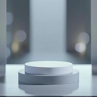 A white pedestal on a table in front of a window photo
