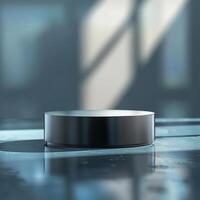 A black object sitting on a table in front of a window photo