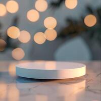 A white object on a table with lights in the background photo