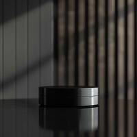 A black box sitting on a table in front of a window photo