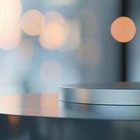 A white circular object on a table in front of a blurred background photo