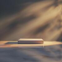 An empty box sitting on a table in front of a wall photo