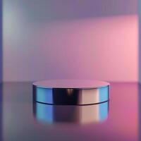 A round metal object on a table in front of a colorful background photo