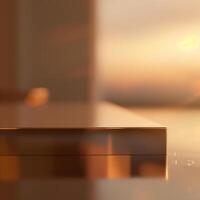 A golden object sitting on a table in front of a window photo