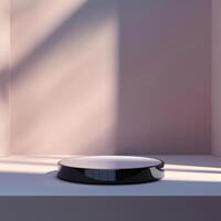 A black and white object on a table in front of a wall photo