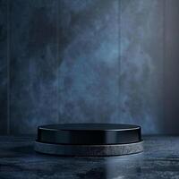 Black round table with a black top on a dark background photo