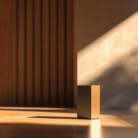 A cube sitting on a wooden floor in front of a wall photo