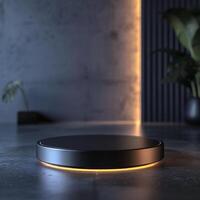 A black circular object on a table photo