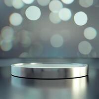 An empty silver plate on a table with a blurred background photo
