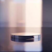 A round object sitting on a table in front of a window photo