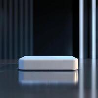 A white box sitting on a table in front of a dark background photo