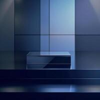 A blue box sitting on a table in front of a wall photo