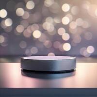 A silver object on a table in front of a blurry background photo