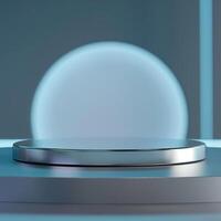 A round table with a silver surface and a glowing orb photo