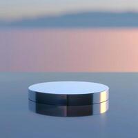 A round object sitting on a table in front of a lake photo