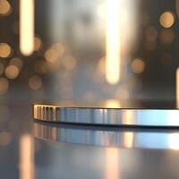 A shiny silver table with a light shining on it photo