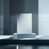 A white square on a table in front of a window photo