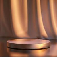 An empty podium on a table with a curtain in the background photo