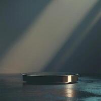 A black table with a light shining on it photo