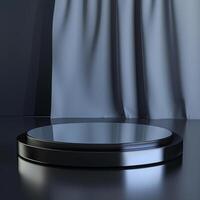 An empty podium with a curtain in the background photo