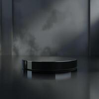 A black circular object on a table in front of a dark background photo