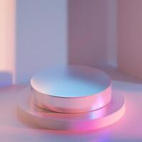 A white round object on a table with a pink light photo