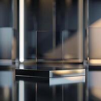 A glass display stand on a black table photo