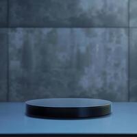 A black round table on a table in front of a wall photo