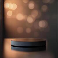 A black object on a table in front of a blurry background photo