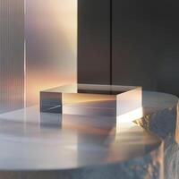 A glass cube sitting on a table in front of a window photo
