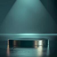 An empty podium on a dark floor with a spotlight photo