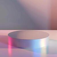 A round table with a white surface and a pink and blue light photo