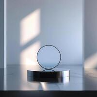 A circular object on a table in front of a window photo