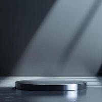 An empty podium in front of a wall with light coming from the side photo