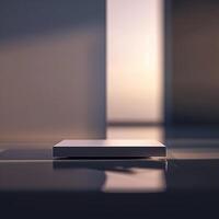 A white box sitting on a table in front of a window photo