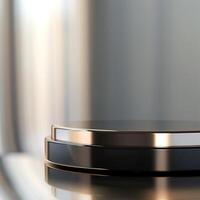 A black and silver circular object on a table photo