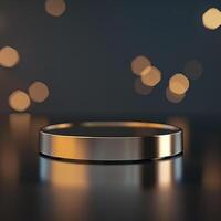 An empty ring on a table with lights in the background photo