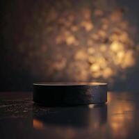 A black box sitting on a table in front of a light photo