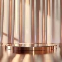 Round podium with shiny surface on a table with a curtain photo