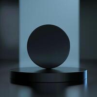A black sphere on a pedestal in front of a wall photo