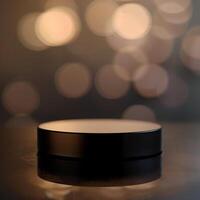 A black round object on a table with a blurred background photo
