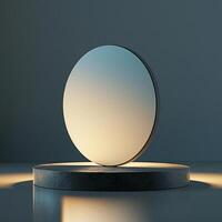 A mirror on a stand in front of a light photo