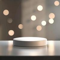 A white circular object on a table in front of a blurry background photo