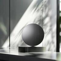 A black ball on a table in front of a window photo