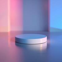 An empty round object on a table in front of a colorful wall photo