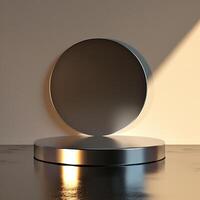 A round metal object on a table with a light shining on it photo