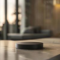 A black circular object sitting on top of a table photo