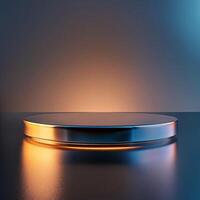 A round metal podium on a table with a light photo