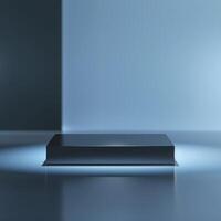 An empty black box on a table in front of a wall photo