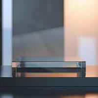 A glass table with a small object on it photo